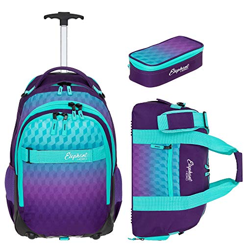 3 Teile Set Trolley Elephant Hero Signature Schultrolley Schulranzen Trolly Sporttasche Mäppchen 12800 (Violet Cube (Lila-Türkis))