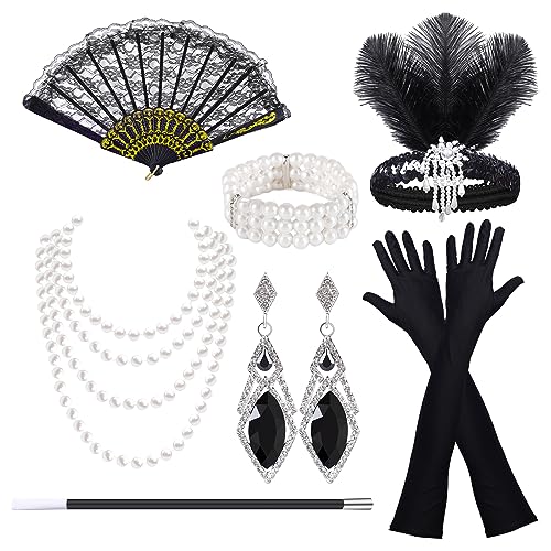 HCSSZ 7 Stück 20er jahre kostüm damen,1920er Flapper Great Gatsby Accessoires Set mit Stirnband,Armband, Spitzenfächer,Handschuhen,Halskette,Ohrringe für Karneval,Halloween,Weihnachten