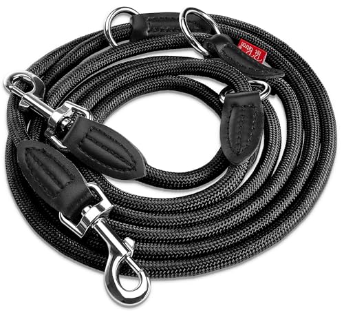 PetPatron® Hundeleine 3m verstellbar (1,5-3 m) Stilechte Führleine aus Nylon mit Lederelementen als Umhängeleine, Doppelleine & Hundeleine große Hunde mit der Zugkraft von 200 kg Schwarz