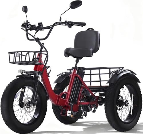 KAKIGO Elektro-Dreirad Für Erwachsene,20”x4” Fat Tires,Aluminium Faltbares E-Bike,250W Motor,65 Nm,48V 15.6Ah Akku,20 Km/h, Vorder-&Hinterkorb,Differenzial,90Km Reichweite