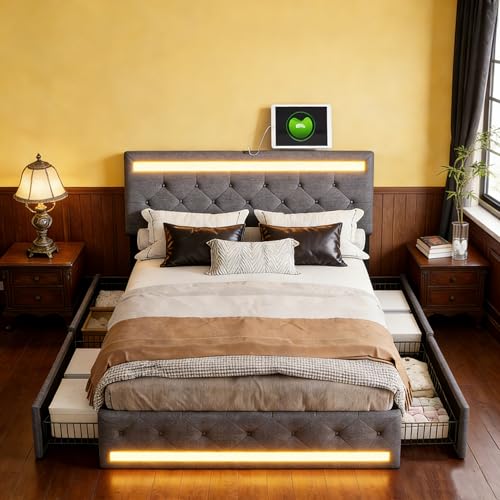 BRYXR Bett 140x200, Doppelbett mit LED-Beleuchtung, 4 Rollenden Schubladen und USB-Ladeanschlüssen, Verstellbarem Kopfteil, Jugendbett, Ohne Matratze