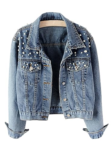 Vcindai Damen Jeansjacke Langarm Jacke Kurz Jeansjacke mit Perlen, XXL