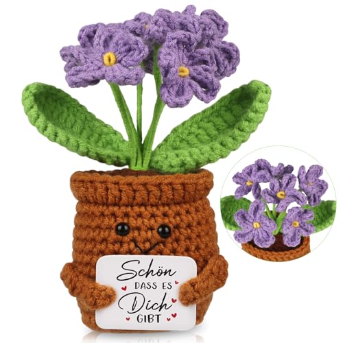WenmthG Dankeschön Geschenke Gestrickte Lila Blumenpuppe, Kleines Dankeschön Geschenk Positive Kartoffel Deutsch Pocket Hug Glücksbringer für Freunde Kollegen und Famili