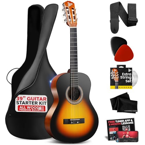 Pyle 4/4 Konzertgitarre, Akustik Gitarre 39Zoll für Anfänger Einsteiger Erwachsene, Classical Guitar Teardrop Sunburst, Matt, Set Inklusiv Tasche, Gurt, Plektren, Extra Saiten, Reinigungstuch