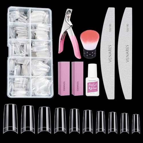 Nageltips für Gelnägel, Venares 500 Stk. Acryl Künstliche Nägel 10 Größen Nageltips mit Kleber Nägel Feilen Nagelpuffer Block Nagelbürste Nagelknipser, Acryl Künstliche Nagelspitzen Set(Transparent)