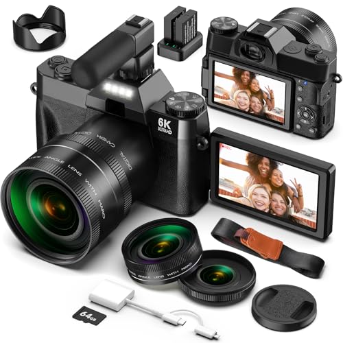 Digitalkamera, 6K 64MP Fotokameras mit WiFi, 64GB Karte, Mikrofon, Autofokus, 16X Digital Zoom,180° Klappbarem Display für Selfies Kompaktkamera für YouTube, Anfänger, Makro und Weitwinkelobjektiv