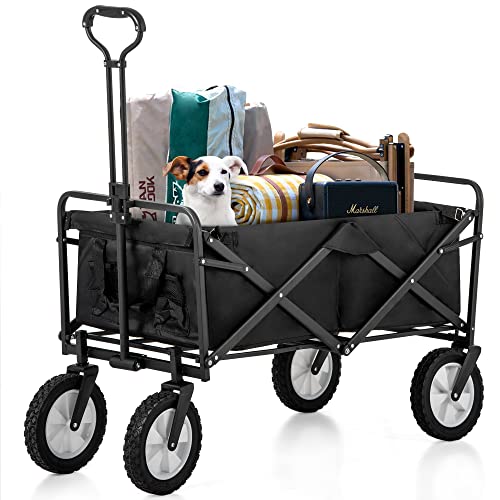 Flieks Faltbarer Bollerwagen klappbar Handwagen, Transportwagen Strandwagen Transportkarre Gartenanhänger Gartenwagen, 360 ° drehbar, belastbar bis 120kg (Schwarz)
