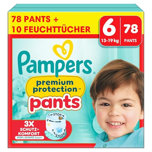 Pampers Premium Protection Pants Größe 6, 78 Windeln, 13kg-19kg, Mit 360° Passform, 2x breiteren Bündchen als vorher für Komfort & Schutz + 10 Stück Pampers Aqua Baby-Feuchttücher enthalten