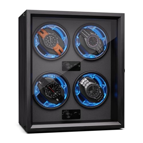 Klarstein Uhrenbeweger für Automatikuhren, Automatik-Uhrenbeweger für 4 Uhren, Automatikuhr Uhrenbeweger mit Acryl-Tür, Automatischer Uhrenbeweger, Blaue LEDs, Watch Winder mit 4 TPD Einstellungen