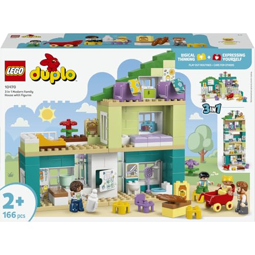 LEGO DUPLO Modernes Familienhaus mit Figuren – 3-in-1-Set 10470 | Spielzeug ab 2 Jahren für Jungen & Mädchen, Montessori Spielzeug mit Puppenhaus Zubehör, Geschenk für Kleinkinder, 166 Teile