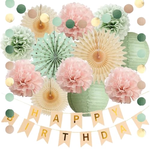 Geburtstagsdeko Salbeigrün Hellrosa Mädchen Deko Geburtstag Salbeigrün Rosa Boho Geburtstagsdeko Hellrosa Pastellgrün mit Happy Birthday Banner Beige Gold für Frauen