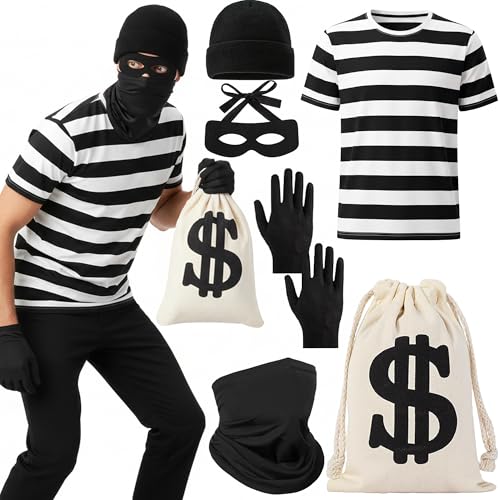 Xietaea Räuber Kostüm Set Herren - Bankräuber Dieb Outfit mit T-shirt Handschuhe Augenmaske Hut Maske Geldsack, Einbrecher Verkleidung für Karneval Fasching Halloween Cosplay Party