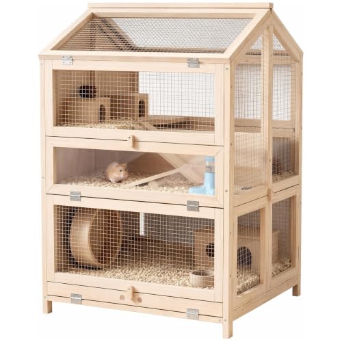 PawHut Hamsterkäfig Kiefernholz 3 Etagen für Kleintiere 68 x 61,5 x 90 cm