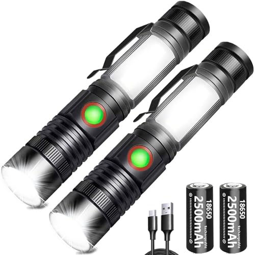 REHKITTZ LED Taschenlampe Extrem Hell 2000 Lumen, 2500 mAh Hochkapazitative Wiederaufladbare Multifunktions Taschenformat Taschenlampe mit Magnet und COB Arbeitsleuchte,Zoombar Handlampe(2 Stück)