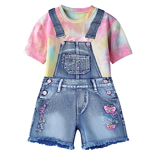 Peacolate Kleines Mädchen Bekleidungsset Kurzarm Tie dye T-Shirt und Blau Denim Shortalls 2pcs Sommer Set 4-10Jahre (Rosa Schmetterling,5-6Jahre)