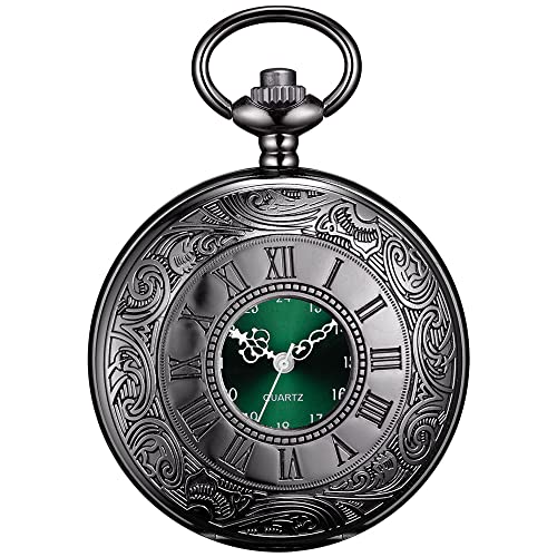 BOSHIYA Vintage Herren Taschenuhr mit Kette Einzigartiges Grün Römischen Ziffern Zifferblatt Analog Quarz Taschenuhr für Herren Schwarz