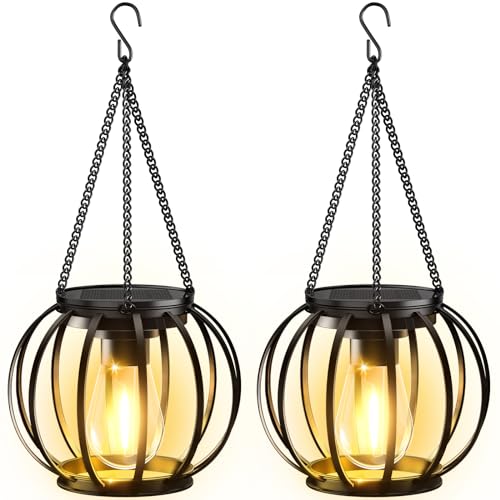 BUCASA Solarlampen für Außen Hängend, 2 Stück Metall Solar Laternen für Draußen mit Größer LED-Glühbirne, IP65 Wasserdicht Solarleuchten Gartendeko mit Haken und Kette für Terrasse Rasen Balkon Hof