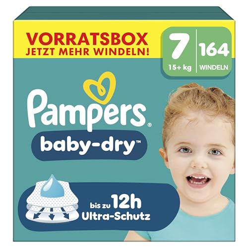 Pampers Baby-Dry Größe 7, 164 Windeln, 15kg+, Bis zu 100% Auslaufschutz & Komfort die ganze Nacht