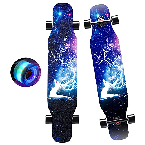 Longboard 43 Zoll, Komplettes Skateboard mit LED-PU-Rädern und Schutzausrüstung, 7 Etagen Ahornholz Longboard für Anfänger Kinder, Teenager, Jungen, Mädchen und Erwachsene (Elch)