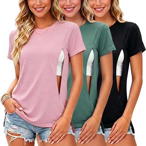 Ecavus 3er Pack Damen Stillshirt mit Verstecktem Reißverschluss Mode Seitenschlitze Stilltee Kurzen Umstandsmode