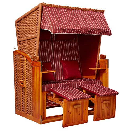 intergrill Strandschönheiten Sophia Ostsee Strandkorb | 2-Sitzer Vollholzfront inkl. Schutzhülle | Burgund Weiß gestreift | Balkon Terrasse Garten