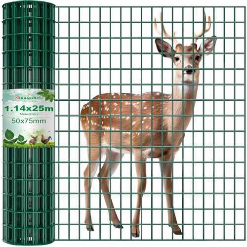 Amagabeli 1.14M x 25M Drahtzaun Grün | Gartenzaun aus Stahl mit PVC-Beschichtung | Maschendraht 50x75 mm | Sichtschutz, Hundegitter, Geflügelzaun, Kaninchendraht, Wildschutz
