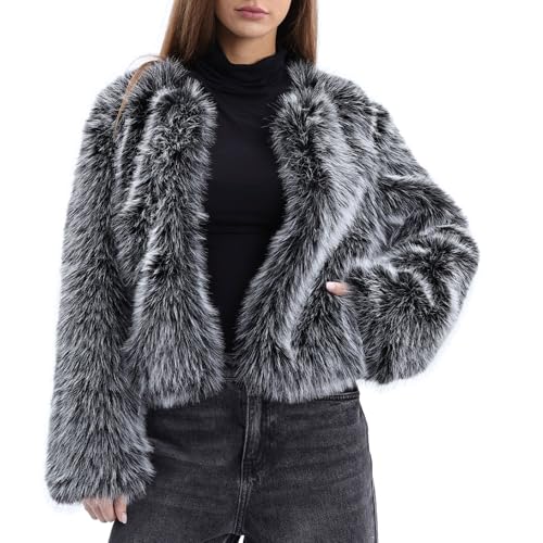 Amazhiyu Pelzmantel Damen, Plüschjacke Kurz Kunstpelz Mantel Kunstfell Jacke, Felljacke Pelzjacke Fleecemantel Langarm Faux Fur Coat, Wintermantel Offenem Kragen Mit Pockets, Schwarz, L