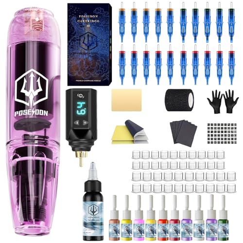 POSEIDON Tattoo-Maschinen-Set, Kabelloses Tattoo-Pen-Set mit Akku & Starterset, professionelle kabellose Tattoo-Maschine für Anfänger, inkl. 20 Nadeln, Tinten, Übungshaut