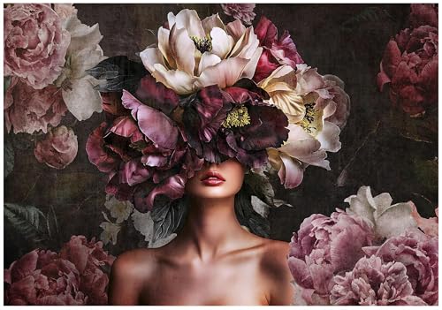 WallArena - Vlies Fototapete Frau Pfingstrosen 350x250 cm - Fototapeten - Tapeten - für Wohnzimmer Schlafzimmer - Vliestapete Wandtapete Tapete 3D Effekt- inkl. Kleister - Rosen Blumen Glamour