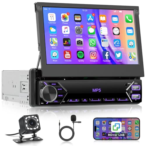 Autoradio 1 Din mit Bluetooth IOS/Android Mirror Link 7 Zoll Manuell Einziehbarer Bildschirm Autoradio mit Bluetooth Freisprecheinrichtung FM Radio/USB/AUX/EQ/Type C Lenkradsteuerung + Rückfahrkamera