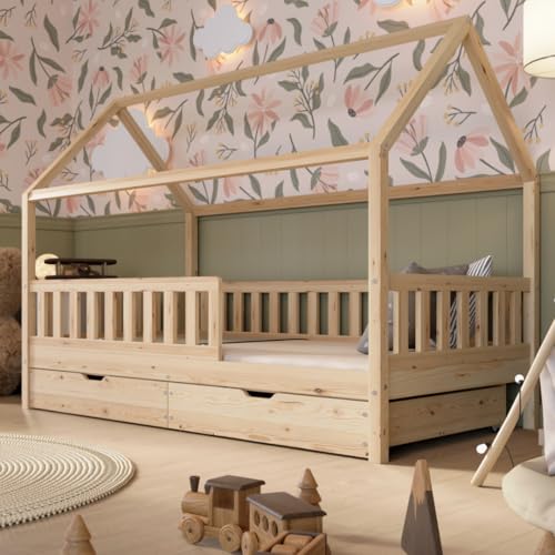 Crazy Pine Hausbett mit Schubladen 90x200 cm – Kinderbett aus Naturholz mit Rausfallschutz – Skandinavisches Design, Montessori Bodenbett mit zusätzlichen Stauraum - Crazy Blanco