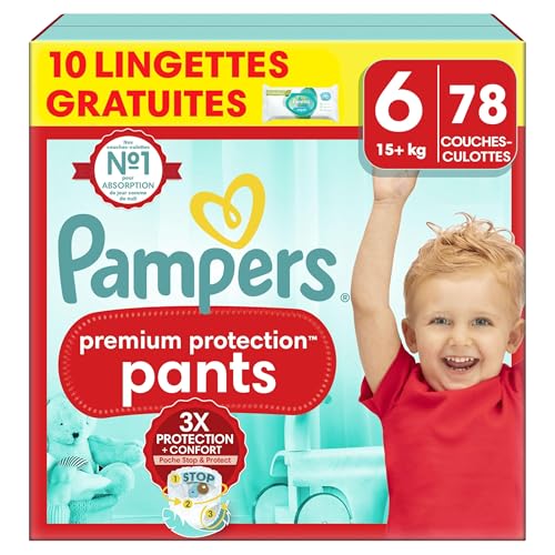 Pampers Premium Protection Pants Größe 6, 78 Windeln, 13kg-19kg, Mit 360° Passform, 2x breiteren Bündchen als vorher für Komfort & Schutz + 10 Stück Pampers Aqua Baby-Feuchttücher enthalten