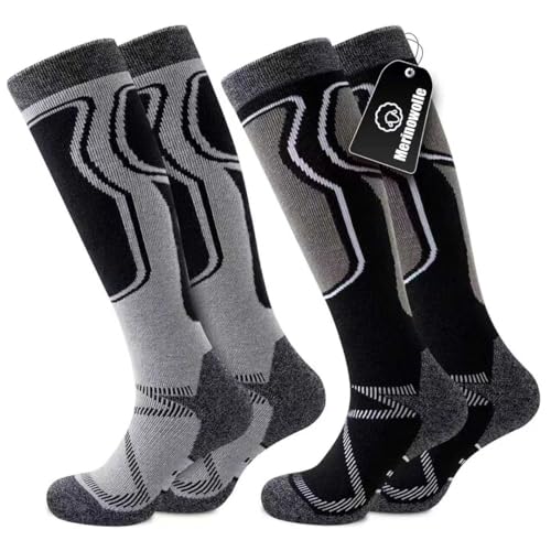 Effeet 2 Paar Skisocken aus Merinowolle für Herren Damen, Warme Gepolsterte Thermosocken Weich Winterstrümpfe, Kniestrümpfe mit Polsterung für Snowboarden Skifahren Jagen Wandern Grau & Schwarz 43-46