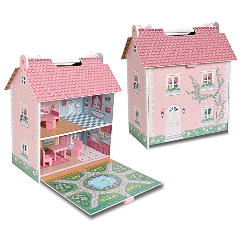 Deqube 913D00017 Puppenhaus aus Holz, 2 Etagen, mit Dachboden und Garten, mit Griffen für einfachen Transport, inklusive 7 Spielzubehör, Größe 39 x 34,5 x 18 cm
