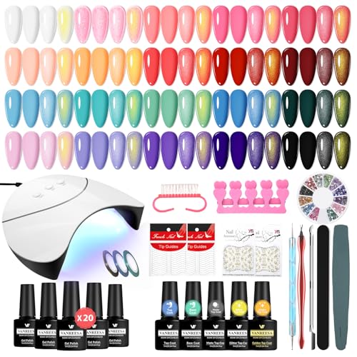 VANREESA U V Nagellack Set, 20 Farben Rot Rosa Blau U V Nagellack mit 36W U V/LED Nagellampe, Gel Nägel Set mit Base Top Coat, Gelnägel Starterset Geschenke für Damen