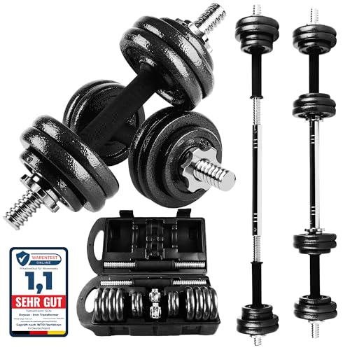 unycos - 2-in-1 Verstellbare Hanteln mit Übungs-E-Book, Gewichtsset mit Verbindungsstange und 15 kg Schweren Eisenplatten, Aufbewahrungskoffer, Heim-Fitnessstudio (Iron Transformer)