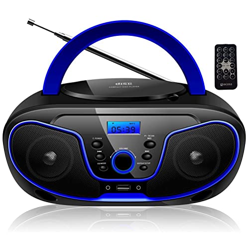 Tragbarer CD-Player | Boombox | CD/CD-R | USB | FM Radio | AUX-Eingang | Kopfhöreranschluss | CD-Player | Kinderradio | Radio | CD | Stereoanlage | Kompaktanlage (Dark Blue)