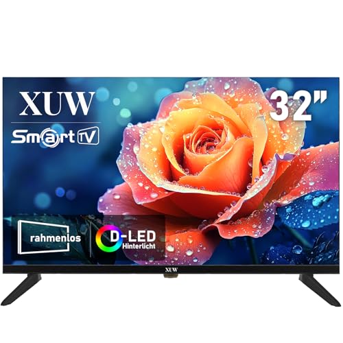 XUW 32 Zoll HD Smart TV, D-LED Hintergrundbeleuchtung Fernseher, randloses Design, HDMI USB DVB-T2/S2 RJ45 Schnittstelle, großer Bildschirm für Wohnzimmer, Schlafzimmer, Heimunterhaltung - schwarz