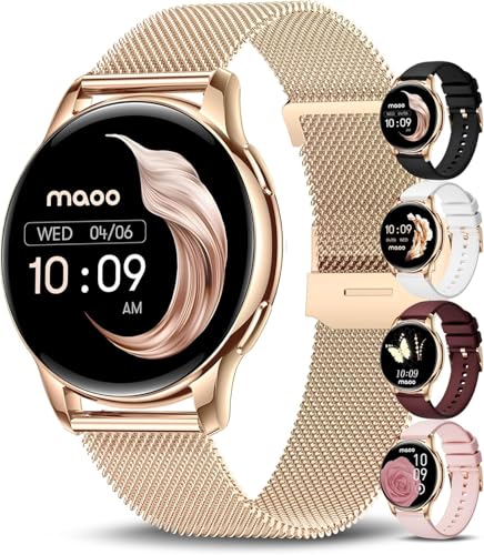 maoo Ventura Smartwatch Damen mit Anruffunktion, 1,32-Zoll-AMOLED-Display, Herzfrequenzmesser, SPO₂, Blutdruckmesser, 100+ Sportmodi, IP67 wasserdicht, inklusive 5 Armbänder (Roségold)
