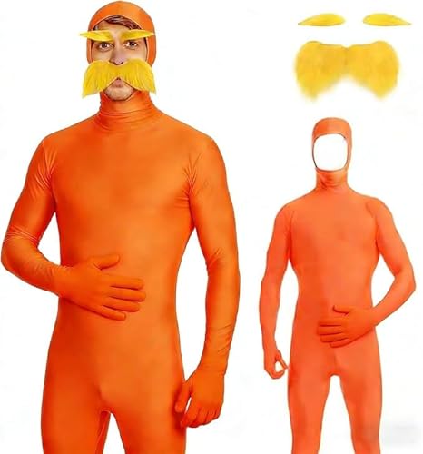 RUITOTP Lorax Kostüm, Ganzkörper Bodysuit Orange, Orangener Ganzkörperanzug, Slenderman Unisex Greenscreen Karneval Ganzkörper, Open Face Bodysuit, für Karneval Cosplay Halloween Fasching S-XXL
