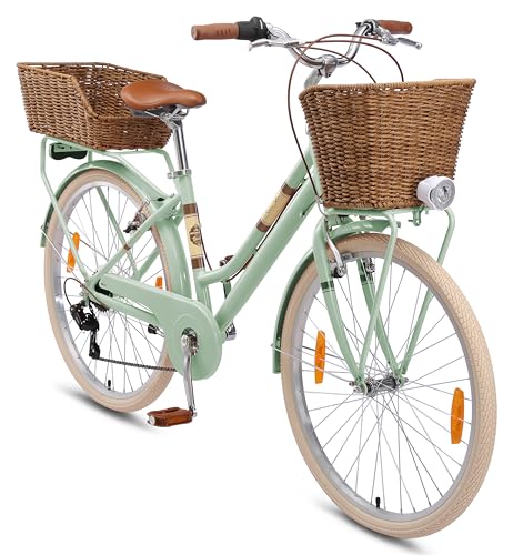 BIKESTAR Alu City Stadt Fahrrad 26 Zoll | 16 Zoll Rahmen, 7 Gang Shimano Damen Rad, Hollandrad Retro Bike mit V-Bremse und Gepäckträger | Mint | Risikofrei Testen