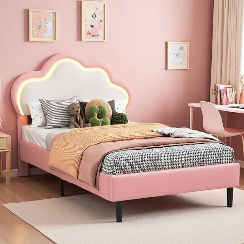 Kinderbett 90x200 cm, Rosa Prinzessinnenbett, Wolke Einzelbett mit LED-Beleuchtung, Lattenrost und Verstellbares Kopfteil, Jugendbett, gepolstertes Bett aus PU-Leder für Kinder, Jugend, Ohne Matratze
