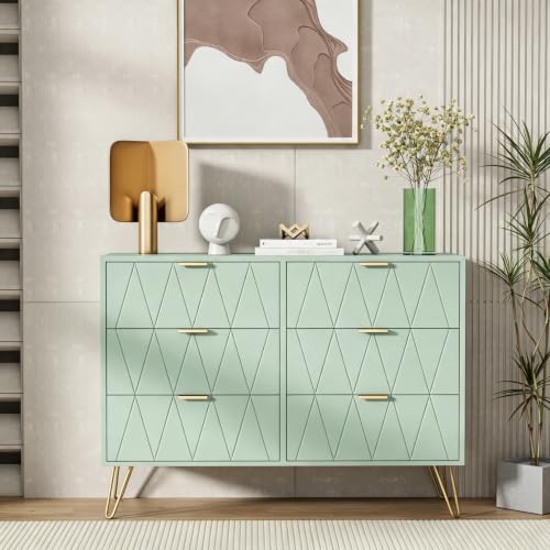 UEV Kommode mit 6 Schublanden 100x34x73cm Aufbewahrungsschrank für Kleidung Dokumente Spielzeug viel Stauraum Sideboard schmal für Wohnzimmer Schlafzimmer Kippsicherung Einfache Montage(Grün)