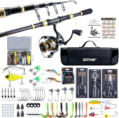 Goture Angelset mit Teleskop-Angelruten (24T Carbon), 2,7m Angelrute Set Komplett 5.2:1 Spinnrolle, 150m/14kg Schnur, Köderbox & Tragetasche – für Salz-/Süßwasser, Reisen–Angelgeschenk