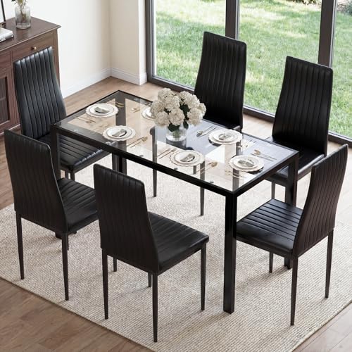 Essgruppe Set Tisch und Stühle, Esstisch mit 6 Stühlen Esszimmergruppe, Strapazierfähiges Kunstleder, Tischplatte aus Sicherheitsglas,Sitzgruppe für Küche Esszimmer Wohnzimmer(120*75*60cm )