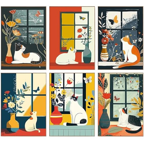 LOITTAINUE 6 Stück Malen Nach Zahlen Erwachsene Tiere Katze, DIY Handgemalt Ölgemälde Set mit Leinwand, Pinsel und Acrylpigment, paint by numbers Kit für Geschenke und Maldekorationen - 20 x 30 cm