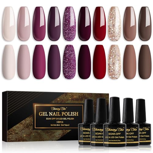 Shining She UV Nagellack,10 Farben Nude Beige Rot Dunkelviolett Dunkelrot Braun Golden Glitzer Gel Nagellack Soak-Off UV nagellack Set für Anfänger DIY Nail Art Set,8ml