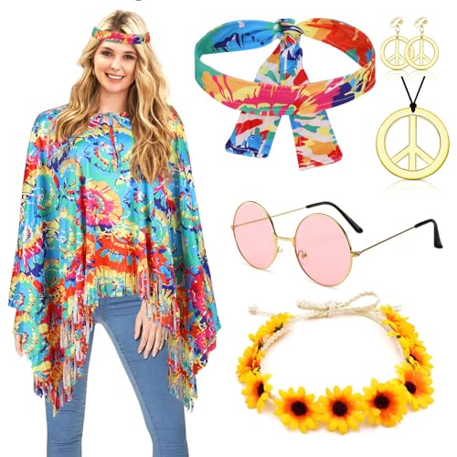 Hippie Kostüm Damen Set mit Hippie Poncho und Zubehör Karneval Fasching Hippie Kleidung Damen Boho Flower Power 60er 70er Jahre Bekleidung Frau Cowgirl Kostüm Poncho Disco Outfit für Frau Fasching