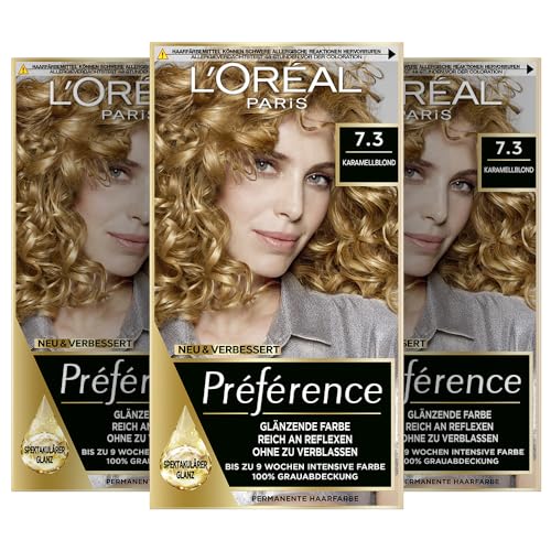 L'Oréal Paris Permanente Haarfarbe, Haarfärbeset mit Coloration und Farbglanz-Pflegebalsam, Préférence, 7.3 Karamellblond, 3er Set