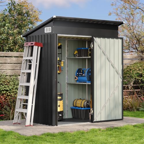 Aoxun Metall Gerätehaus mit Boden & 2 verstellbaren Einlegeböden, 90 x 150 cm, Outdoor-Schuppen, mit Lüftungsschlitz und Schiebetür, Werkzeugaufbewahrung, Fahrradschuppen, für Terrasse, Rasen, Schwarz